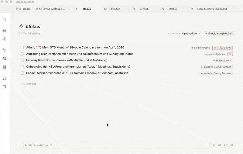 Space System in Aktion: eine Kontextliste mit Aufgaben, Kontexten und Terminen.