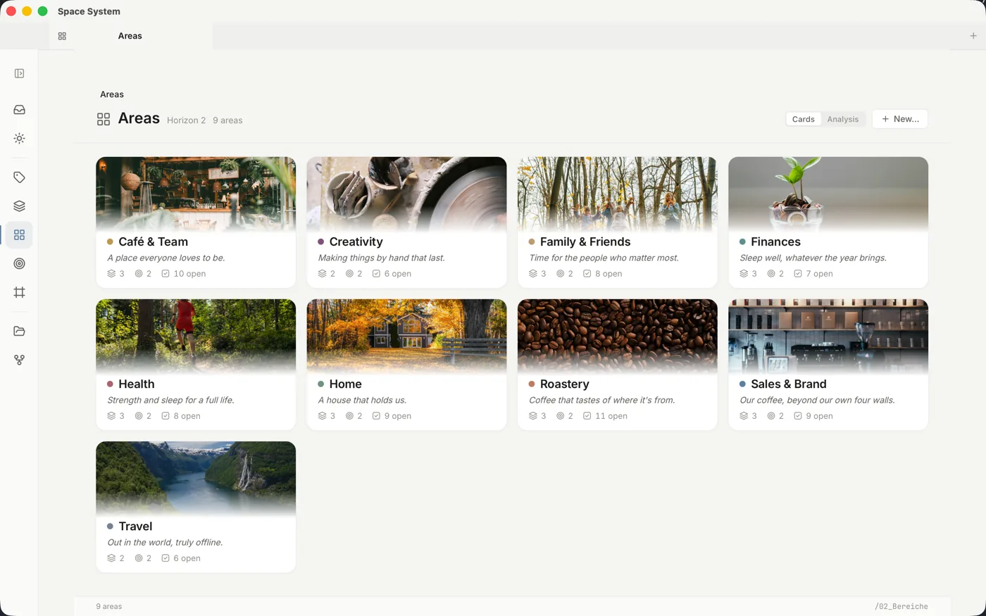 The areas view: nine areas of focus as tiles with image, commitment, projects, goals and open steps.
