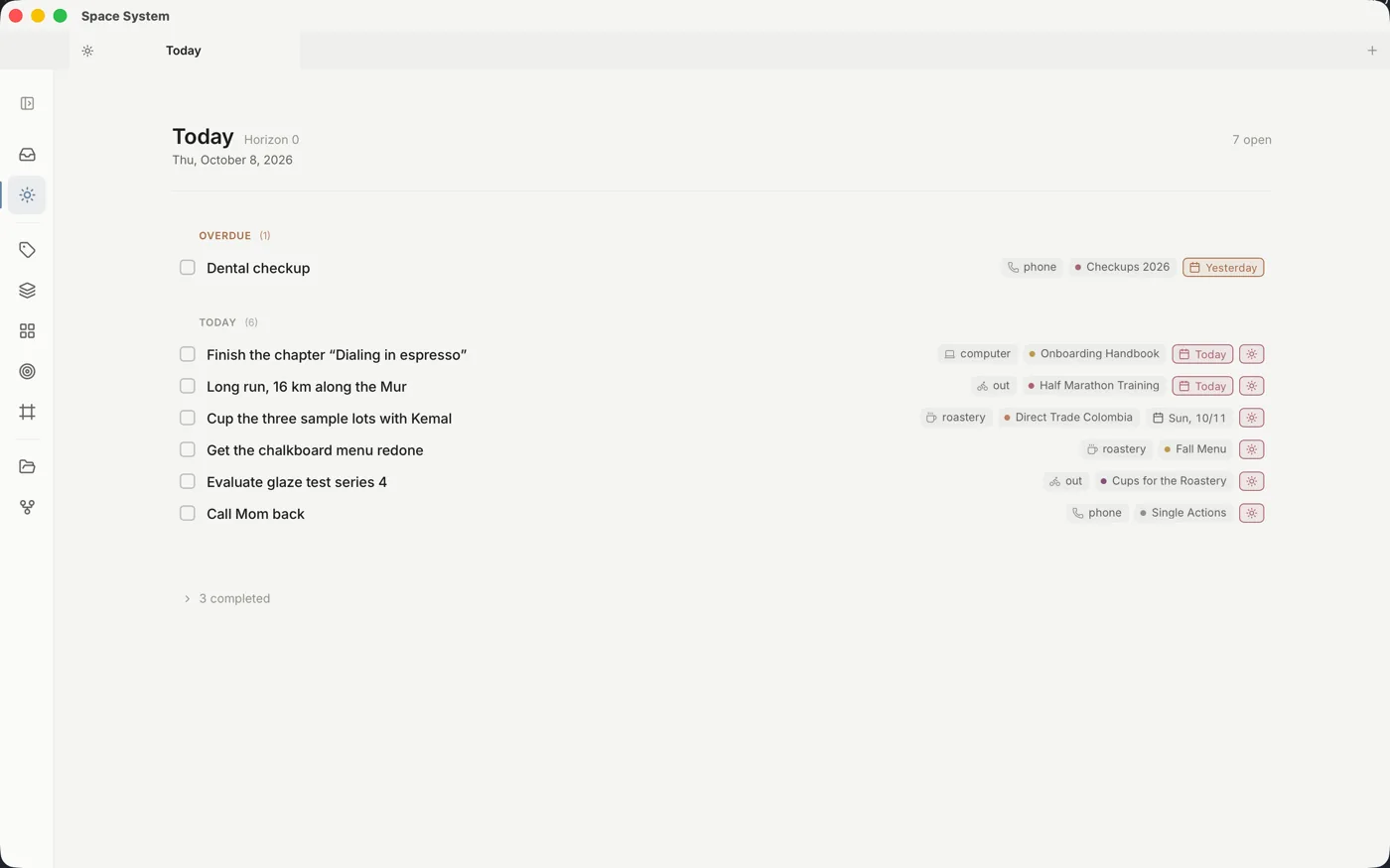 The Today view with overdue, due and Daily-Space-picked tasks.