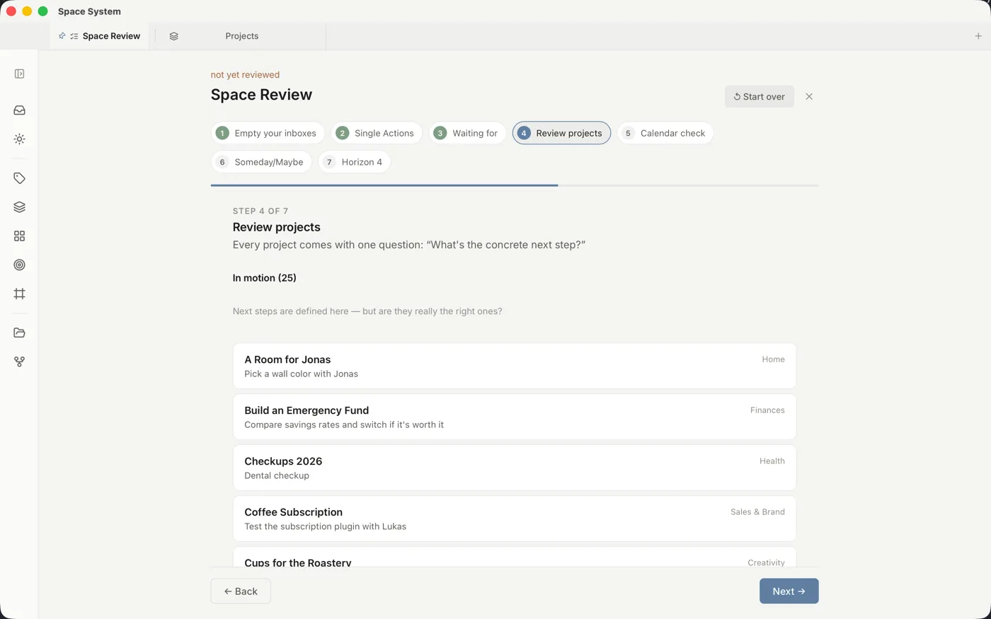 The Space Review on the “Review projects” step.